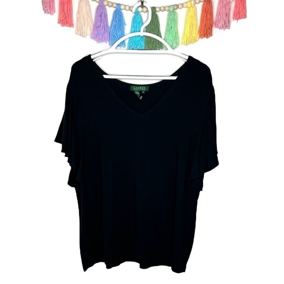 Lauren Ralph Lauren Black Flutter Sleeve V-Neck Casual Blouse Top 2X Plus Size - Picture 1 of 14